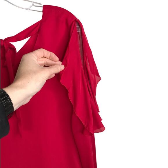 Atelier Nicole Miller Silk Blouse Wmns Sz P Red Peekaboo Shoulder Flutter Sleeve - Picture 3 of 8